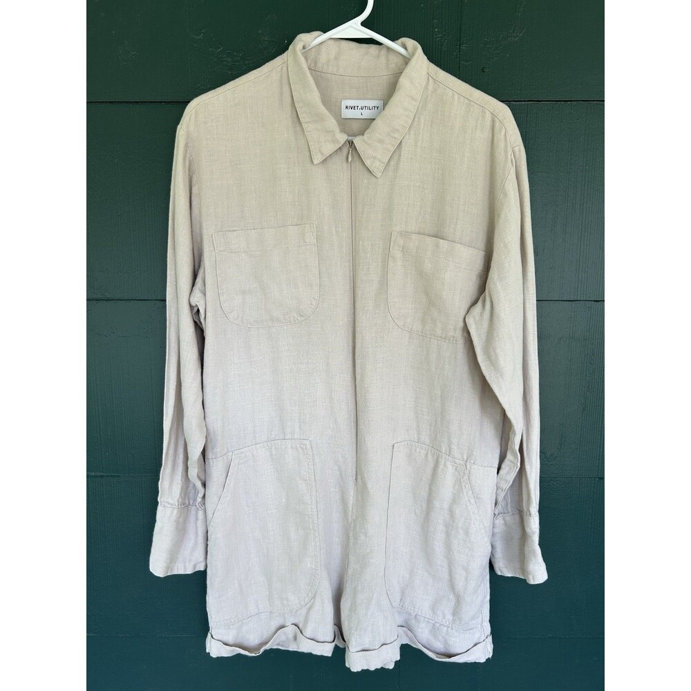 Rivet Utility Hot Shot Romper Oatmeal Large 100% Linen Coastal Minimalist Luxury